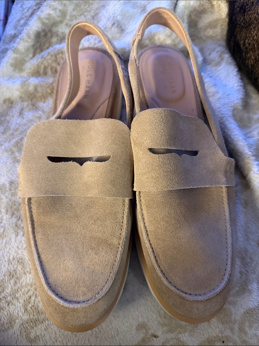 Cole Haan Geneva Lug Slingback Loafer Mules Sesame Beige Suede 9.5B W26421